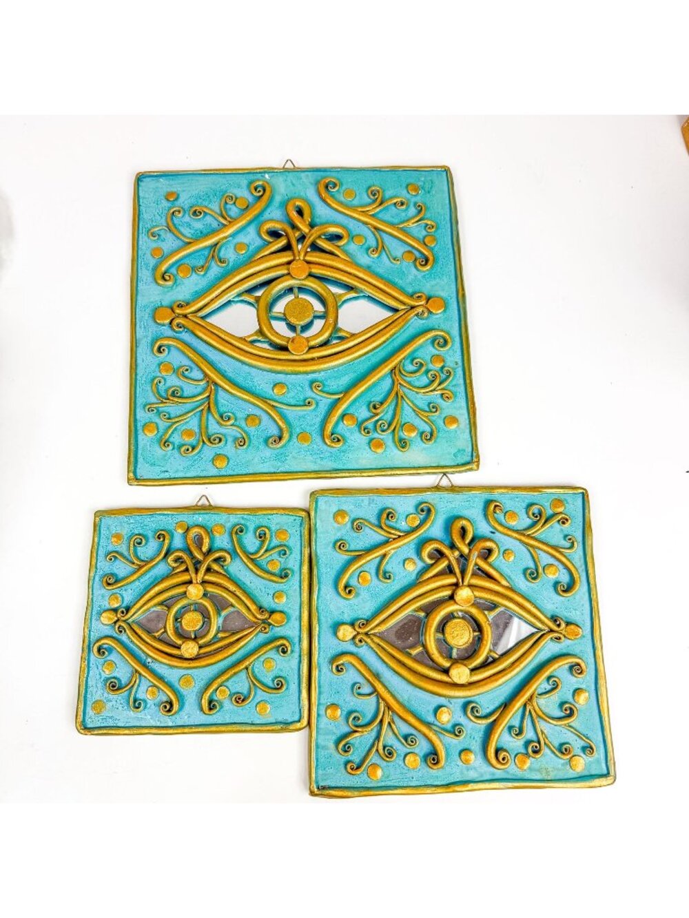 Lebanese Handmade Teal Gold Mirror Evil Eye Wall Hanging Decorations Set Of 3